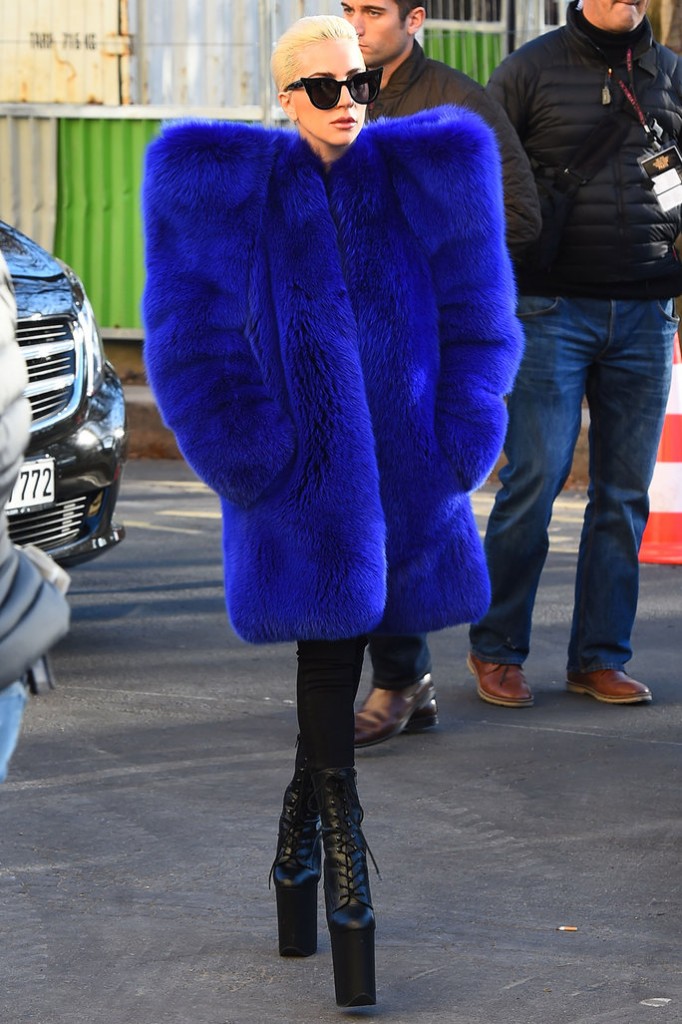 Lady Gaga в модной синей шубе из лисы от Saint Laurent