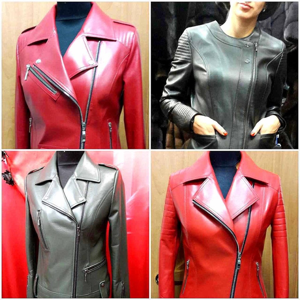 Кожаные женские куртки красного, алого и серого цвета